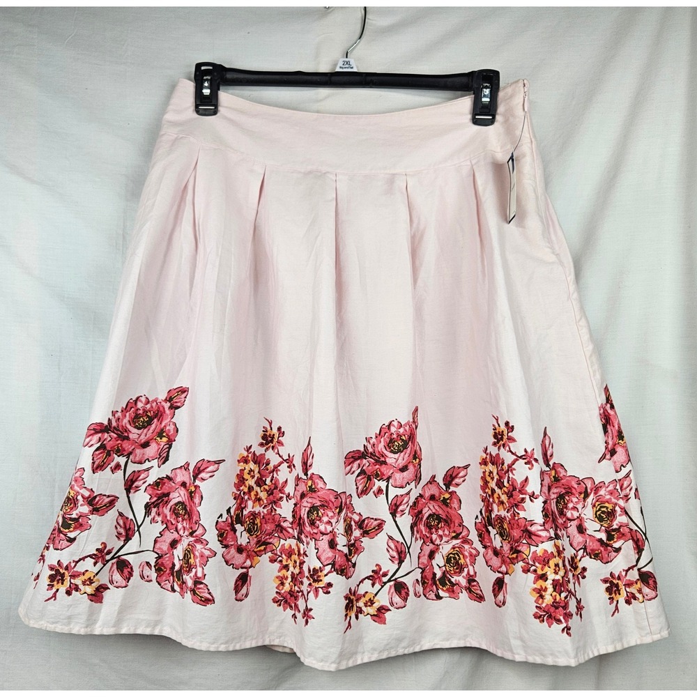 Croft & Barrow Pink Floral Border Print Pleated A-Line‎ Cotton Skirt Size 14 NWT